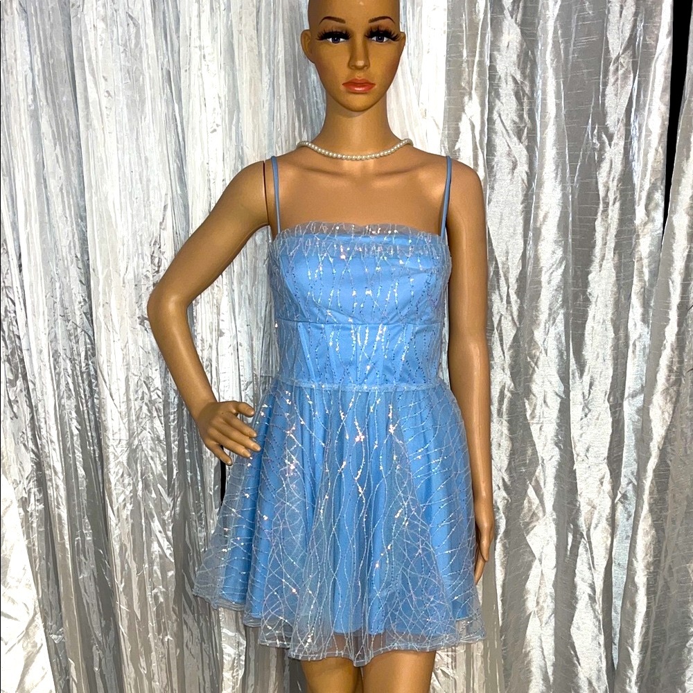 Blue Spaghetti Strap Dress with Silver Accents
